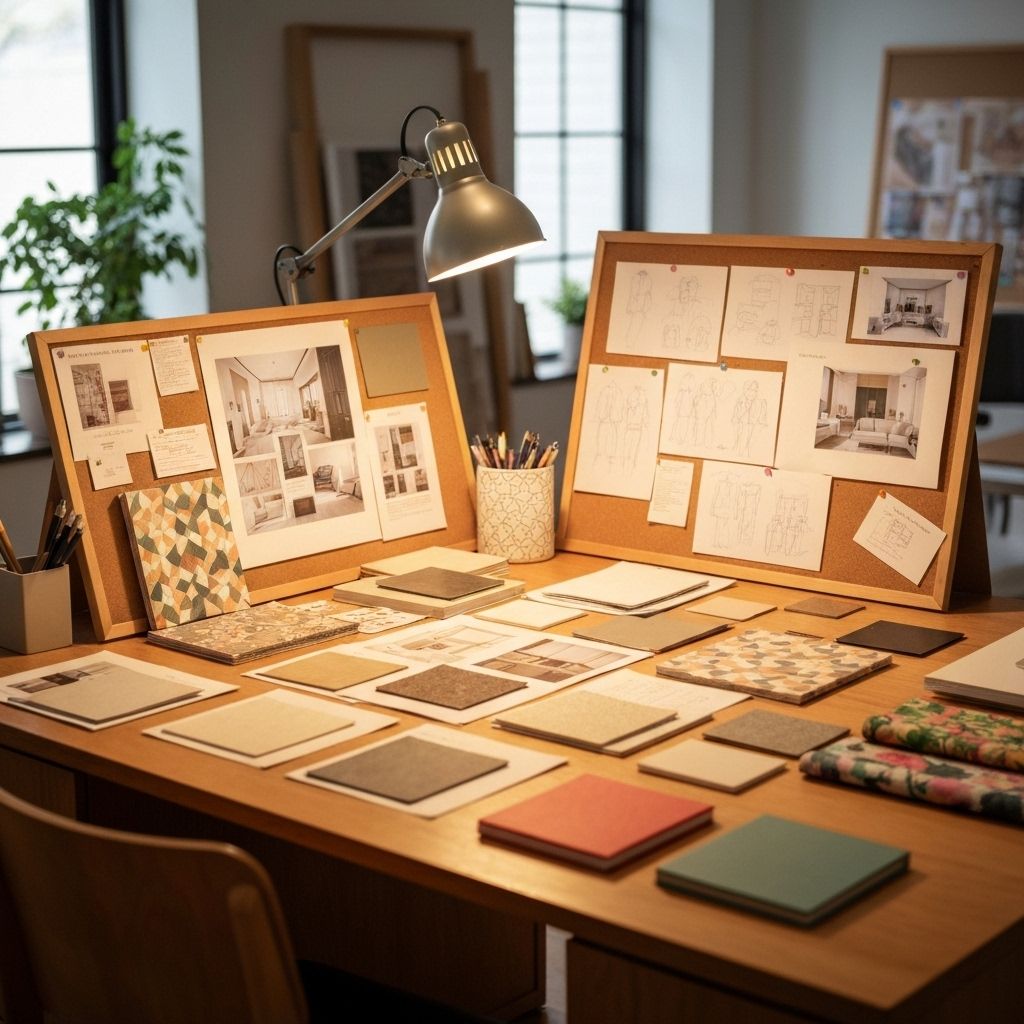 Design mood board and material palette on a studio desk