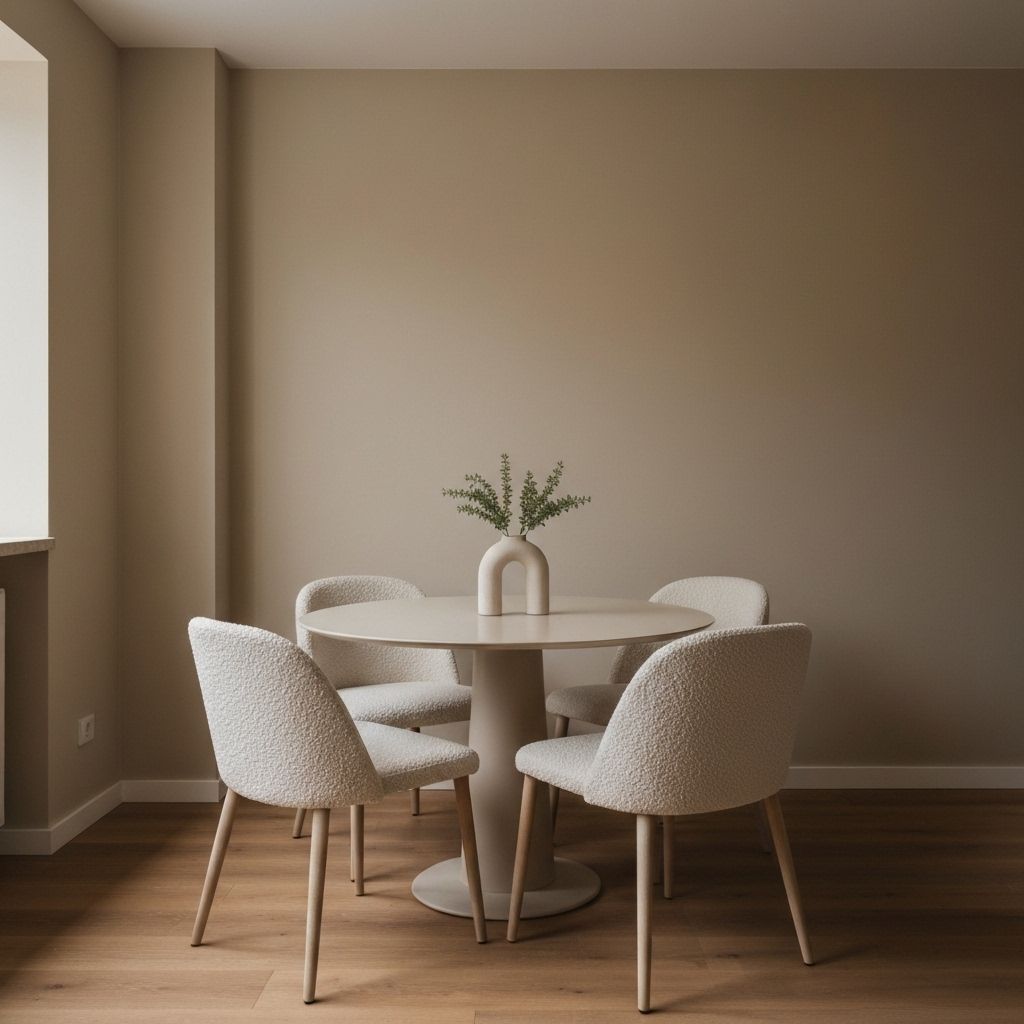 Dining area with round table and textured chairs