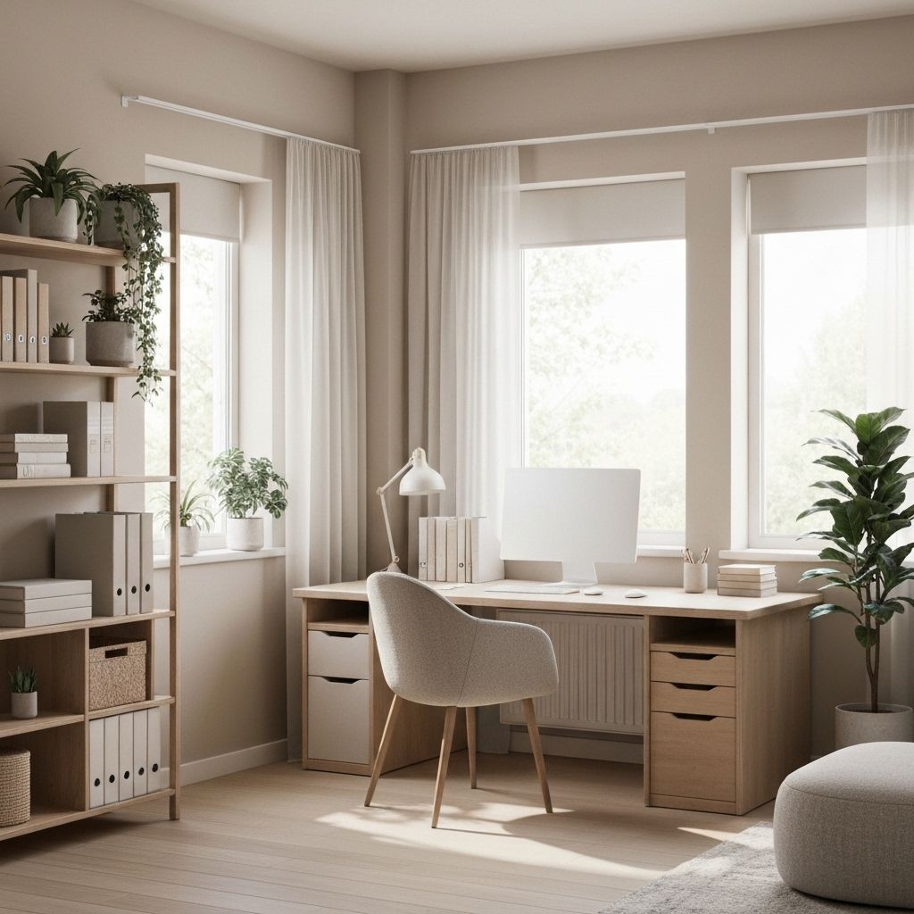 Home office with greenery and organized shelves